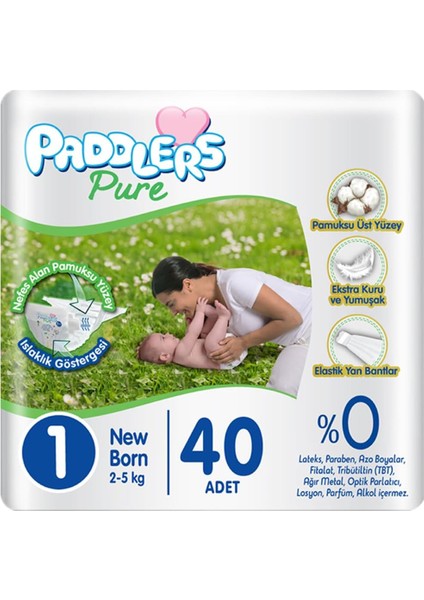 Paddlers Pure 1 Numara Yenidoğan 2-5 kg Ekonomi Paketi Bebek Bezi (1 x 40 Adet)