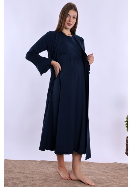 Lacivert Sabahlıklı Hamile Lohusa Gecelik Takım