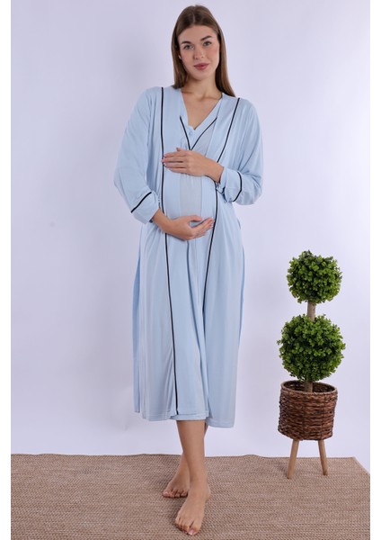 Mavi Sabahlıklı Hamile Lohusa Gecelik Takım