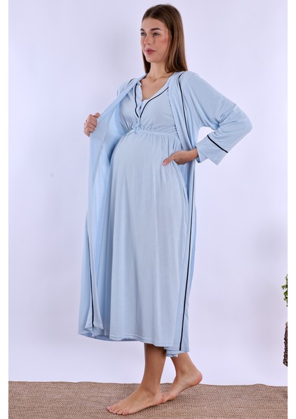 Mavi Sabahlıklı Hamile Lohusa Gecelik Takım
