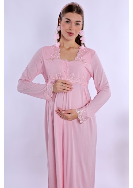 Pembe Sabahlıklı Hamile Lohusa Gecelik Takım