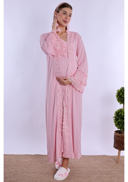 Pembe Sabahlıklı Hamile Lohusa Gecelik Takım