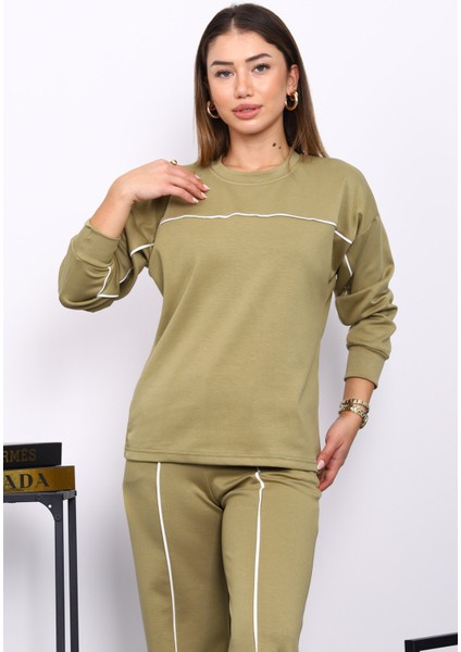 Yağ Yeşili Biye Detaylı Sweat Pantolonlu Takım modelleri