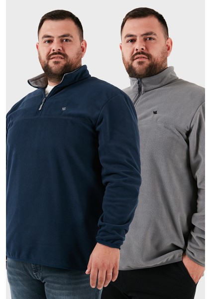 Regular Fit Anti-Pilling Büyük Beden Dik Yaka Kışlık Şardonlu 2'li Paket Polar Erkek Polar 5906001BS2