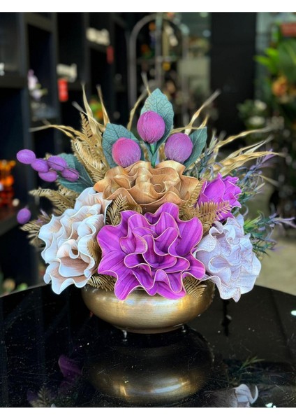 Yapay Çiçek Aranjmalı Antik Yassı Vazo No:10