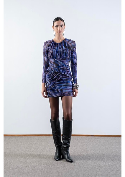 Damasca Yuvarlak Yaka Büzgülü Tül Elbise Mor