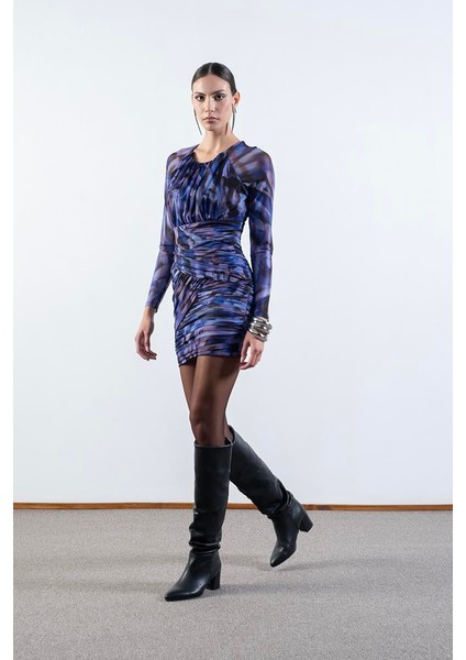 Damasca Yuvarlak Yaka Büzgülü Tül Elbise Mor fiyatları