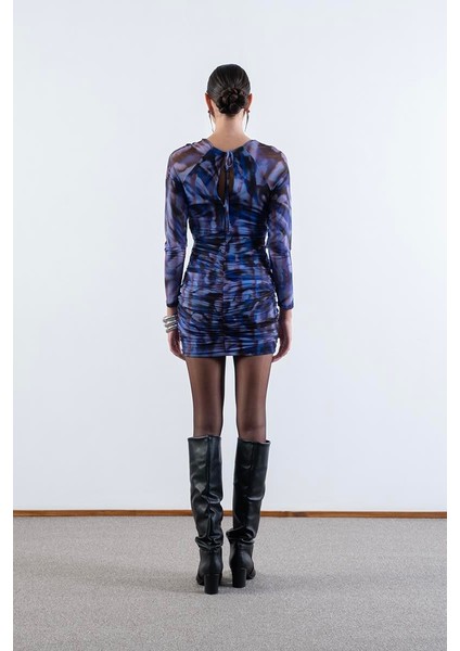 Damasca Yuvarlak Yaka Büzgülü Tül Elbise Mor modelleri