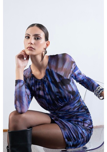 Damasca Yuvarlak Yaka Büzgülü Tül Elbise Mor fırsatları