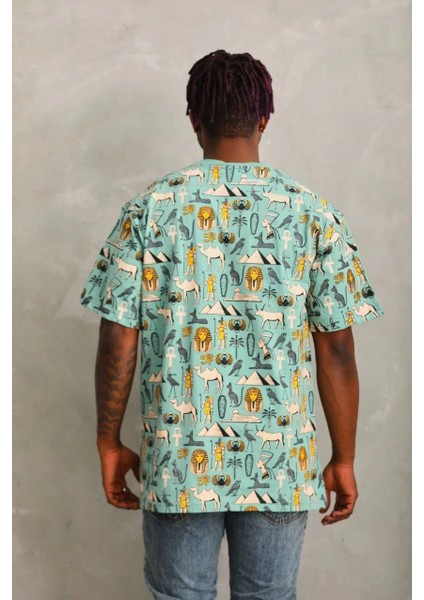 Unisex Oversize Baskılı Bisiklet Yaka T-Shirt - Mint Yeşili fiyatları