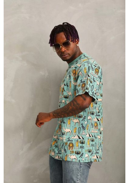 Unisex Oversize Baskılı Bisiklet Yaka T-Shirt - Mint Yeşili modelleri