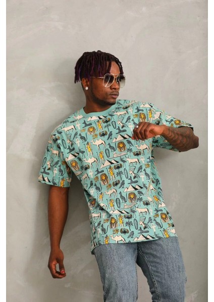 Unisex Oversize Baskılı Bisiklet Yaka T-Shirt - Mint Yeşili indirimleri