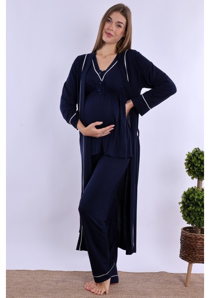 Lacivert Sabahlıklı Hamile Lohusa Pijama Takımı