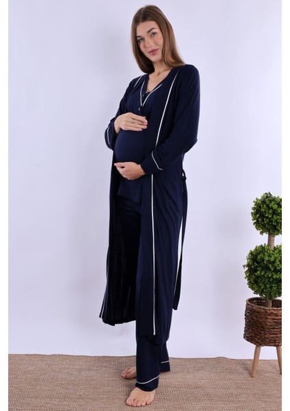 Lacivert Sabahlıklı Hamile Lohusa Pijama Takımı