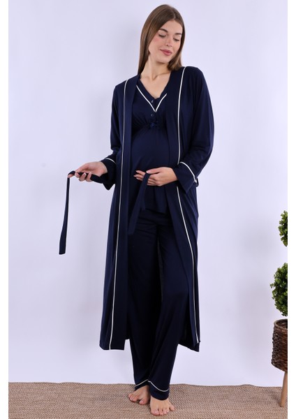 Lacivert Sabahlıklı Hamile Lohusa Pijama Takımı