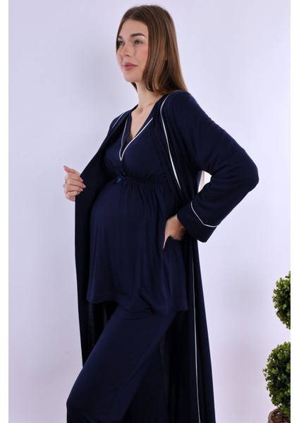 Lacivert Sabahlıklı Hamile Lohusa Pijama Takımı