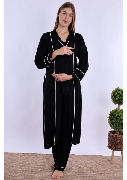 Siyah Sabahlıklı Hamile Lohusa Pijama Takımı