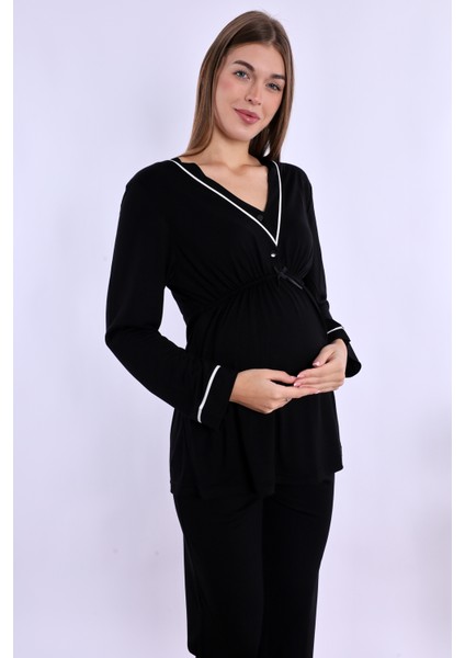Siyah Sabahlıklı Hamile Lohusa Pijama Takımı