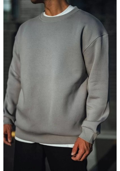 Kışlık Bisiklet Yaka Üç Iplik Basic Sweatshirt - Boyalı Gri