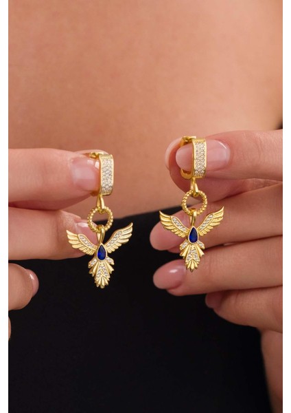 Safir Taşlı Altın Kaplama Anka Kuşu 925 Ayar Gümüş Küpe