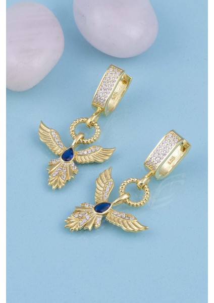 Safir Taşlı Altın Kaplama Anka Kuşu 925 Ayar Gümüş Küpe modelleri