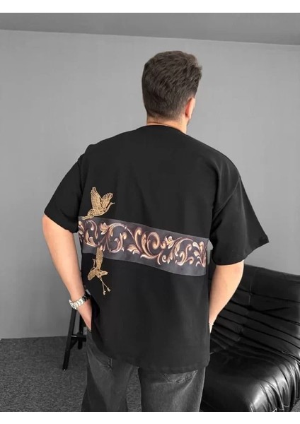 Ön ve Arka Baskılı Oversize Bisiklet Yaka T-Shirt - Siyah