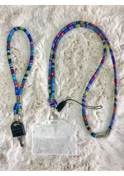 Mavi-Yeşil Otantik Kart-Telefon Boyun Askısı (Mıknatıs Klipsli) ve Anahtalık Set