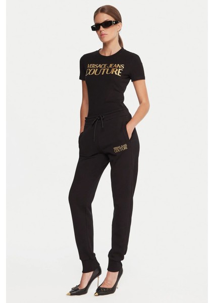 Kadın Regular Fit Nakışlı Yazı Logolu Paçası Lastikli Eşofman Altı - Siyah/altın Sarısı modelleri