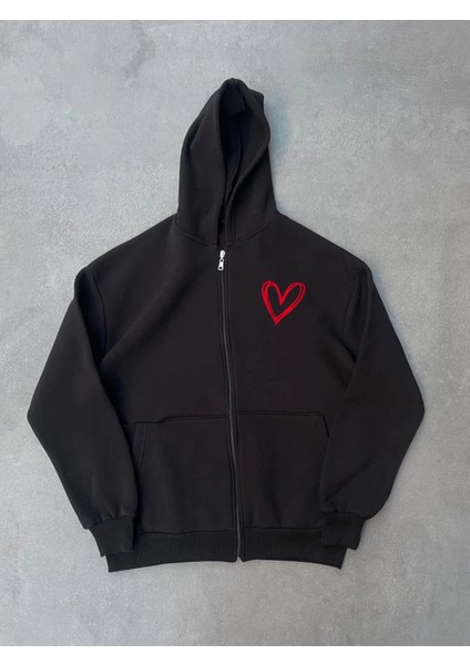 Üç Iplik Baskılı Fermuarlı Kapüşonlu Hırka - Siyah fiyatları