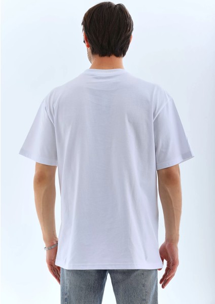 Unisex Oversize Taşlı Bisiklet Yaka T-Shirt - Beyaz fiyatları