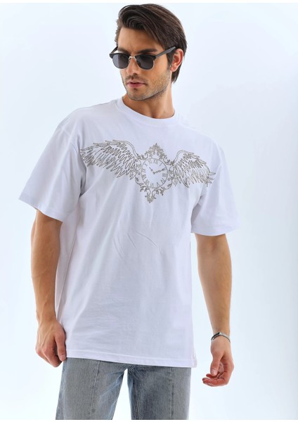 Unisex Oversize Taşlı Bisiklet Yaka T-Shirt - Beyaz fırsatları