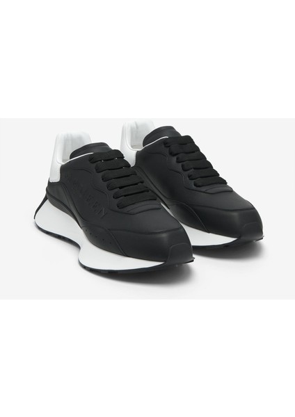 Erkek Kabartmalı Logolu Deri Sneakers - Siyah/beyaz