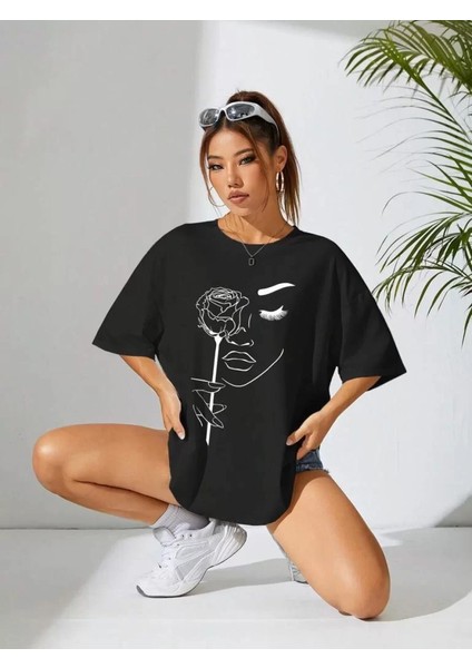 Kadın Baskılı Oversize T-Shirt - Siyah fiyatları