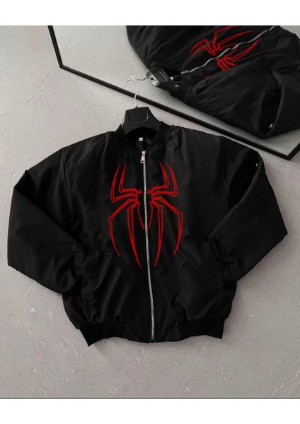 Örümcek Desenli Siyah Bomber Mont – Unisex Kullanıma Uygun, Fermuarlı Cepli, Kapitone Astarlı, Bahar Kış Günlük Giyim Için Moda Ceket Modeli - Siyah