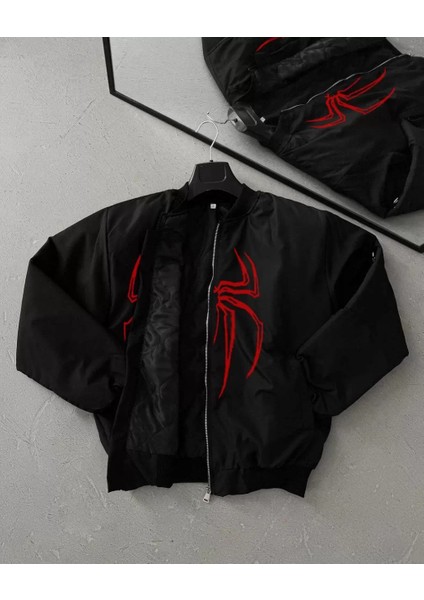 Örümcek Desenli Siyah Bomber Mont – Unisex Kullanıma Uygun, Fermuarlı Cepli, Kapitone Astarlı, Bahar Kış Günlük Giyim Için Moda Ceket Modeli - Siyah fiyatları