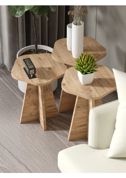 Zigon Sehpa Dekoratif 3’lü Çok Amaçlı Yan Sehpa Çiçek Formlu Atlantik Çam