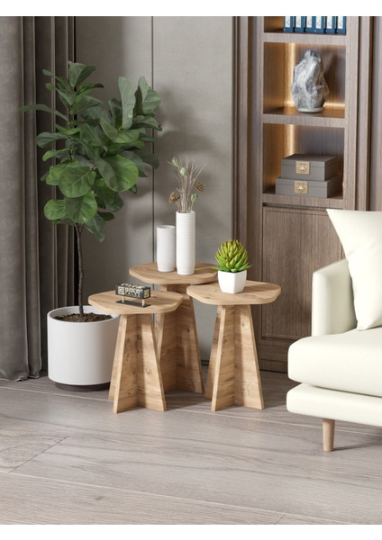 Zigon Sehpa Dekoratif 3’lü Çok Amaçlı Yan Sehpa Çiçek Formlu Atlantik Çam indirimleri