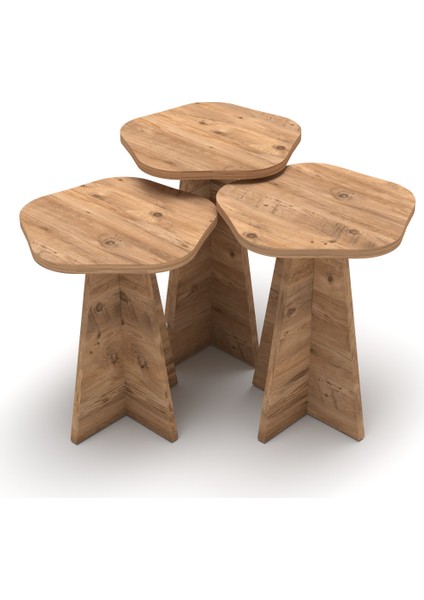 Zigon Sehpa Dekoratif 3’lü Çok Amaçlı Yan Sehpa Çiçek Formlu Atlantik Çam