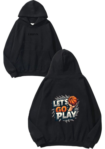 Lets Go Play Tasarım Baskılı Oversize Siyah Kapüşonlu Sweatshirt
