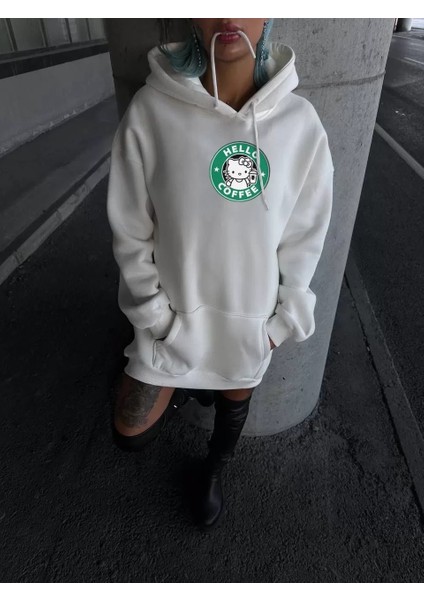 Üç Iplik Penye Uzun Kol Kapüşonlu Sweatshirt - Beyaz modelleri