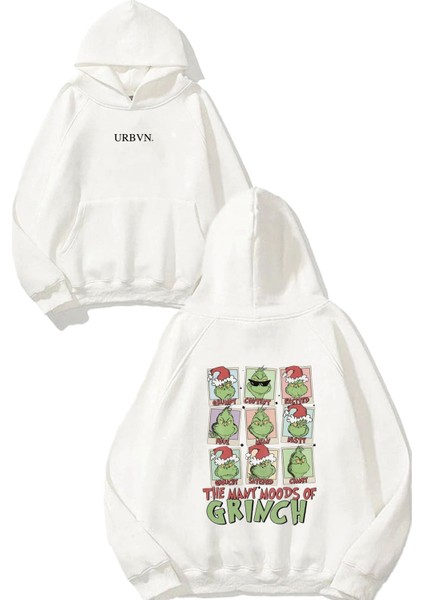 Grinch Mood Tasarım Baskılı Oversize Beyaz Kapüşonlu Sweatshirt