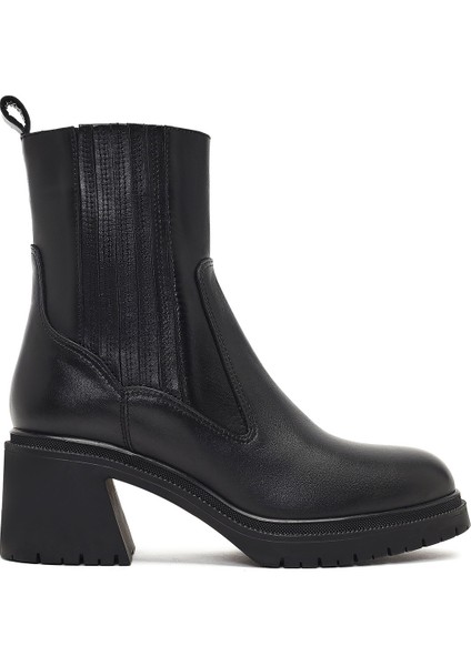 Kadın Siyah Fermuarlı Kalın Topuklu Deri Bot 25WFD230418