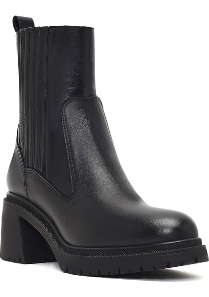 Kadın Siyah Fermuarlı Kalın Topuklu Deri Bot 25WFD230418