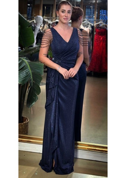 Lacivert V Yaka Kalın Askı Boncuk Işlemeli Anvelop Yırtmaçlı Düz Kesim Simli Uzun Abiye Elbise 7599