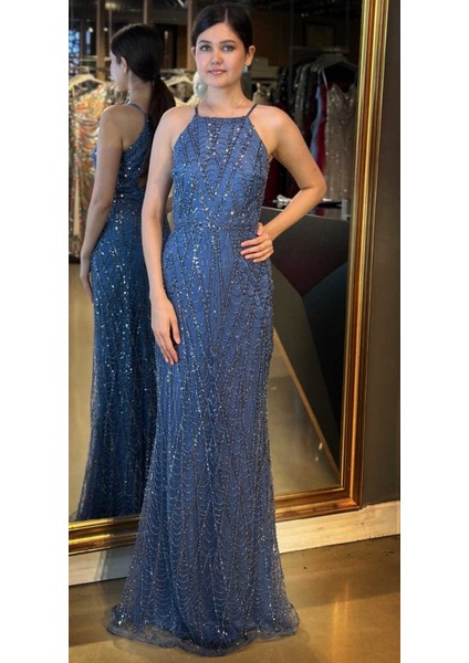 Indigo Stefanel Yaka Sırt Dekolteli Düz Kesim Pullu Boncuklu Uzun Abiye Elbise 7712