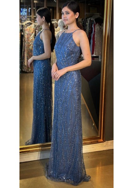 Indigo Stefanel Yaka Sırt Dekolteli Düz Kesim Pullu Boncuklu Uzun Abiye Elbise 7712 fiyatları