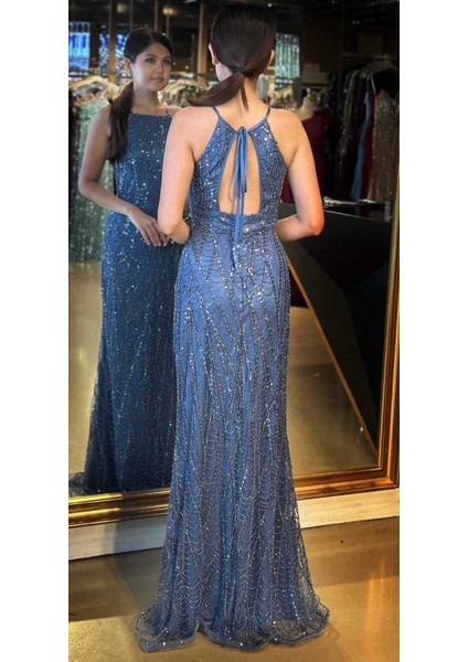 Indigo Stefanel Yaka Sırt Dekolteli Düz Kesim Pullu Boncuklu Uzun Abiye Elbise 7712 indirimleri