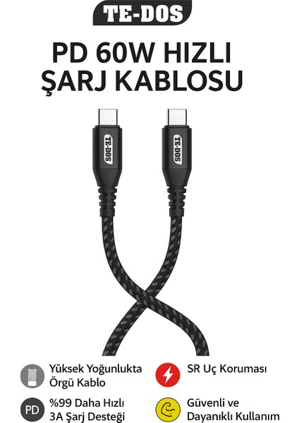 60W Type-C To Type-C Hızlı Şarj Kablosu %99 Daha Hızlı 3A Şarj Örgü Kablo Sr Uç Koruması Dayanıklı ve Güvenli Kullanım