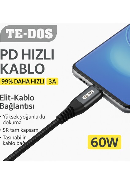 60W Type-C To Type-C Hızlı Şarj Kablosu %99 Daha Hızlı 3A Şarj Örgü Kablo Sr Uç Koruması Dayanıklı ve Güvenli Kullanım modelleri