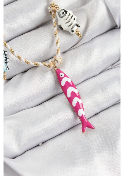 Bfs Seramik Motifli Pembe Balık Figürlü Model Krem Ip Kadın Kolye